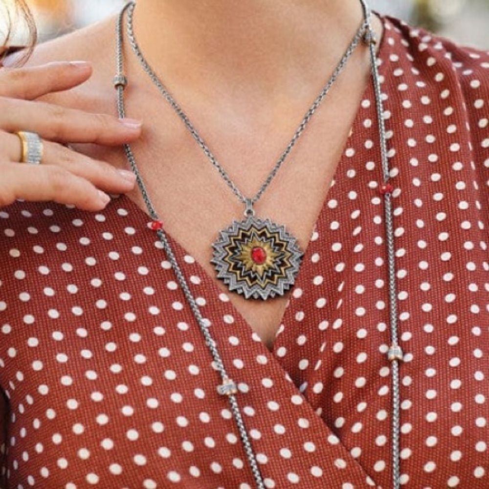 NWT New Brighton Gold/Silver Reversible Dynasty Sol Necklace w/Red Crystal